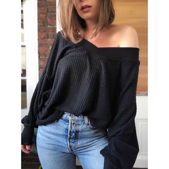 Last 1✨Mila Black Waffle Knit off the Shoulder Top - Picture 2 of 8
